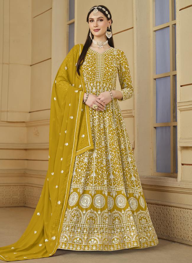 Faux Georgette Yellow Wedding Wear Embroidery Work Anarkali Suit